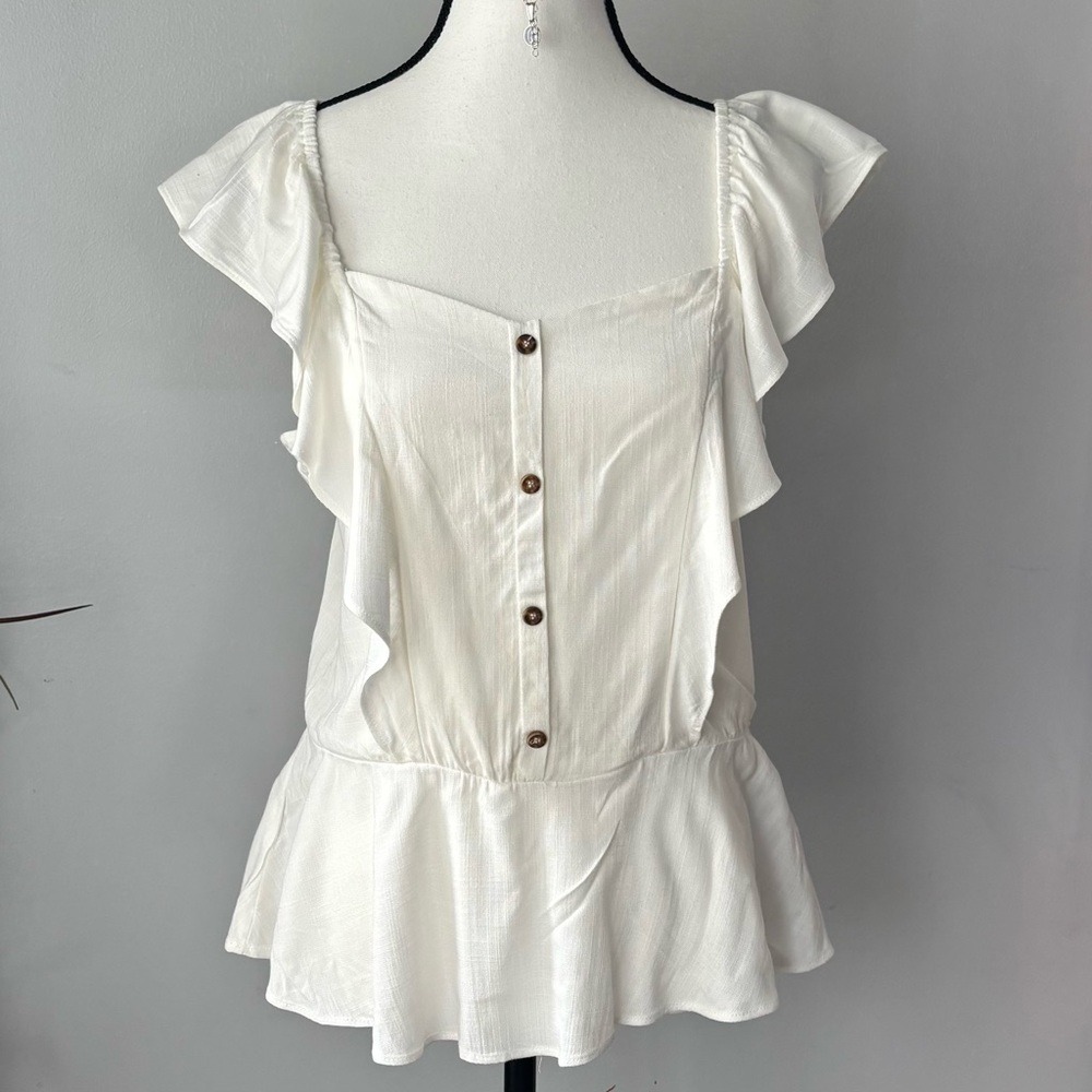 Moa Moa White Ruffle Sleeve Button Front Peplum Top ITD701-RLX L